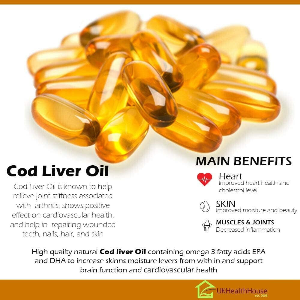 Ukhealthhouse Premium - Cod Liver Oil Capsules - 1000Mg X 240 - High Strength - Omega-3 Fatty Acids Vitamin E - EPA and DHA