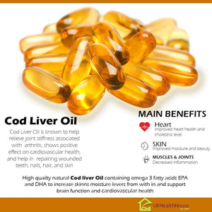Ukhealthhouse Premium - Cod Liver Oil Capsules - 1000Mg X 240 - High Strength - Omega-3 Fatty Acids Vitamin E - EPA and DHA