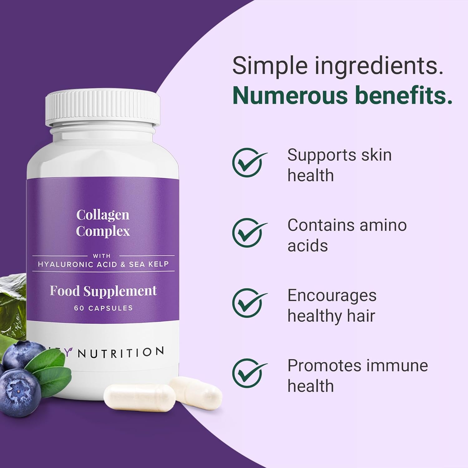 Hey Nutrition Collagen Complex Hyaluronic Acid & Sea Kelp Vitamin E, C, Biotin - Healthy Nails, Skin, Hair Joints Metabolism - Type 1 Marine Supplement - Non GMO, 60 Capsules