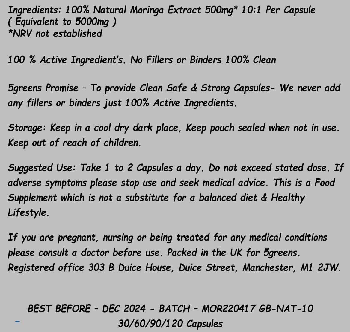 Moringa Oleifera | 120 Capsules High Strength Extract 500Mg 10:1 Equivalent to 5000Mg | Vegan & Vegetarian 5Greens