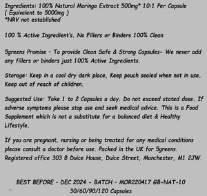 Moringa Oleifera | 120 Capsules High Strength Extract 500Mg 10:1 Equivalent to 5000Mg | Vegan & Vegetarian 5Greens