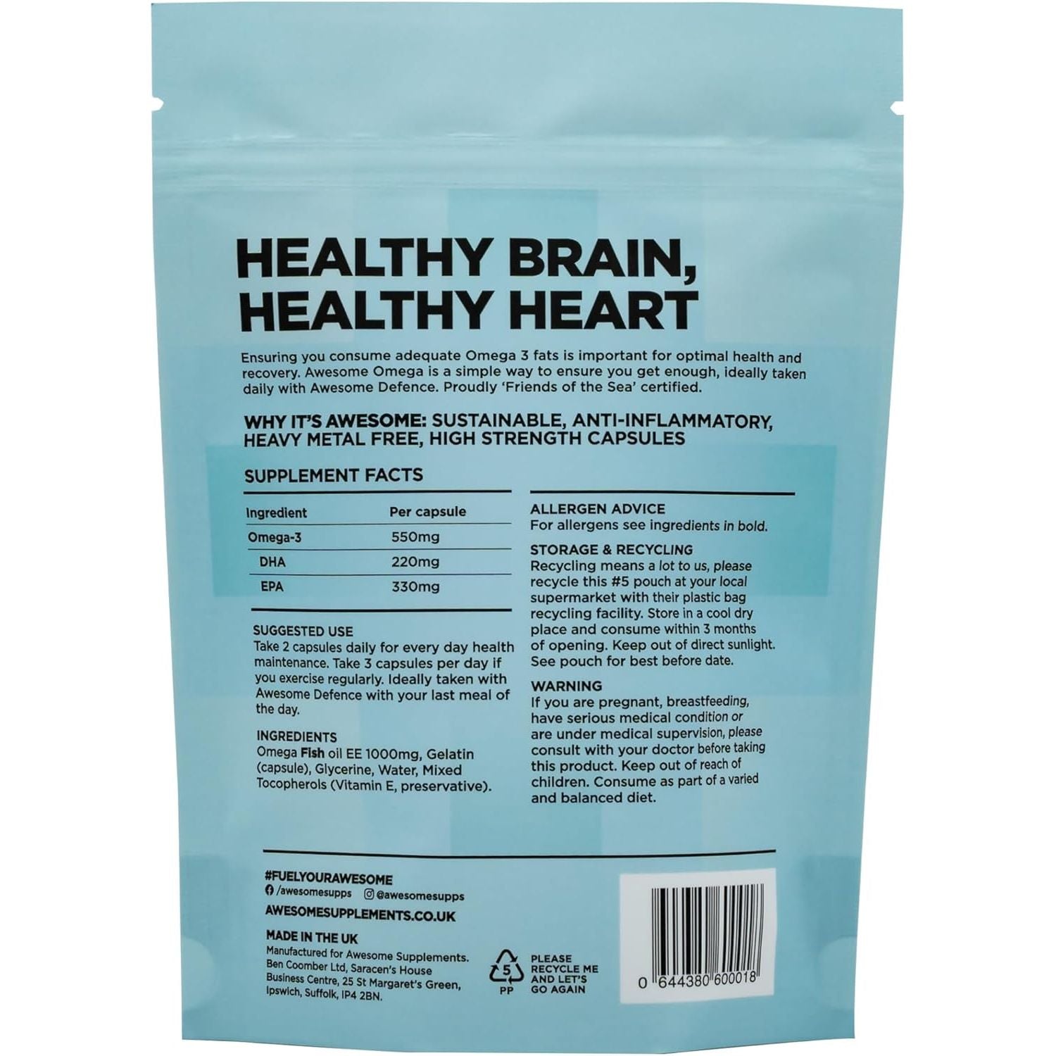 Awesome Supplements - Awesome Health - Omega - Pure Fish Oil - Support Heart Health & Brain Function -Heavy Metal Free - 90 Capsules