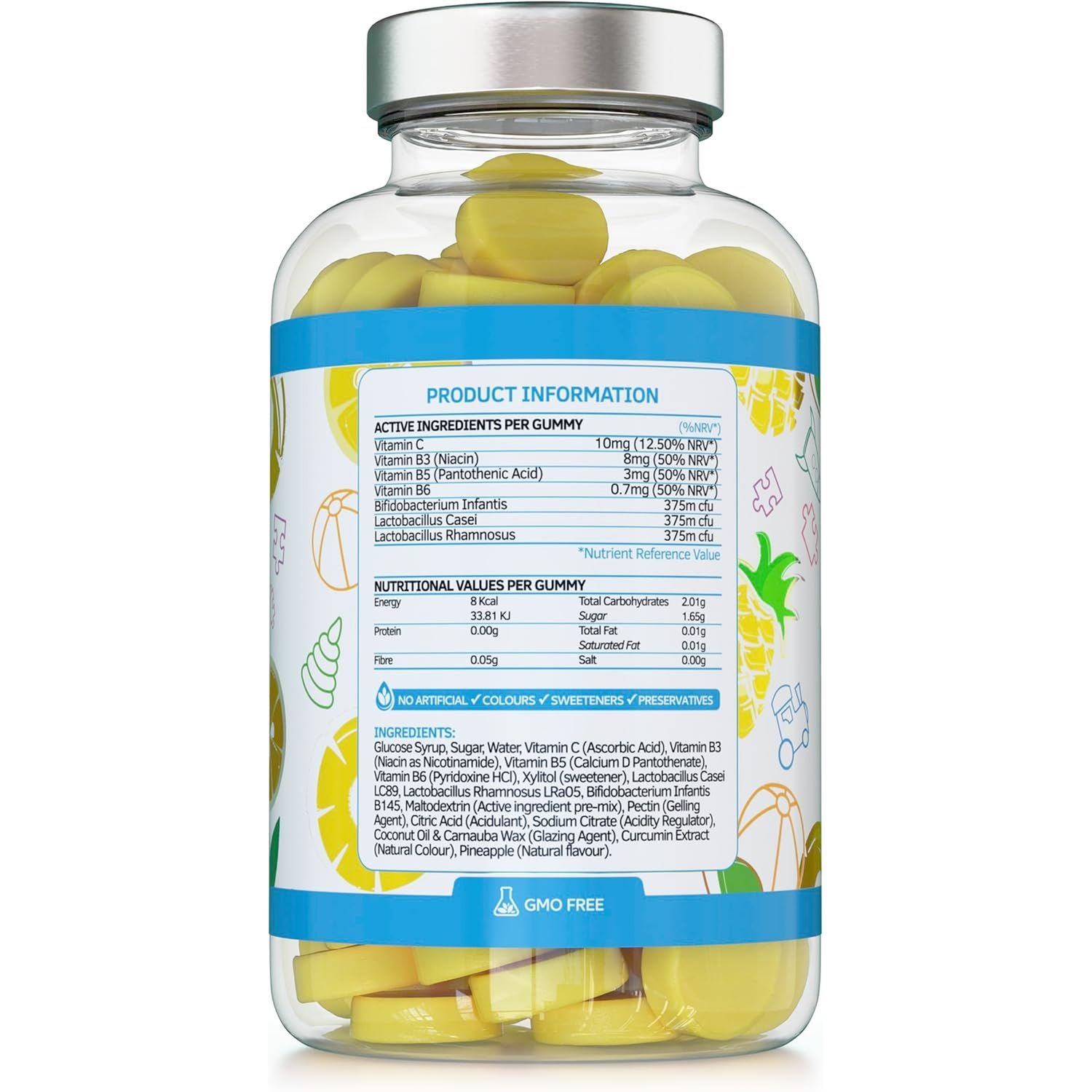 Kids Probiotics/Probiocultures Gummies - 60 Children'S Probiotics Multi-Strain Gummies - Natural Pineapple Flavour – with Added B & C Vitamins for Immune Support - 2 Month Supply – UK Made