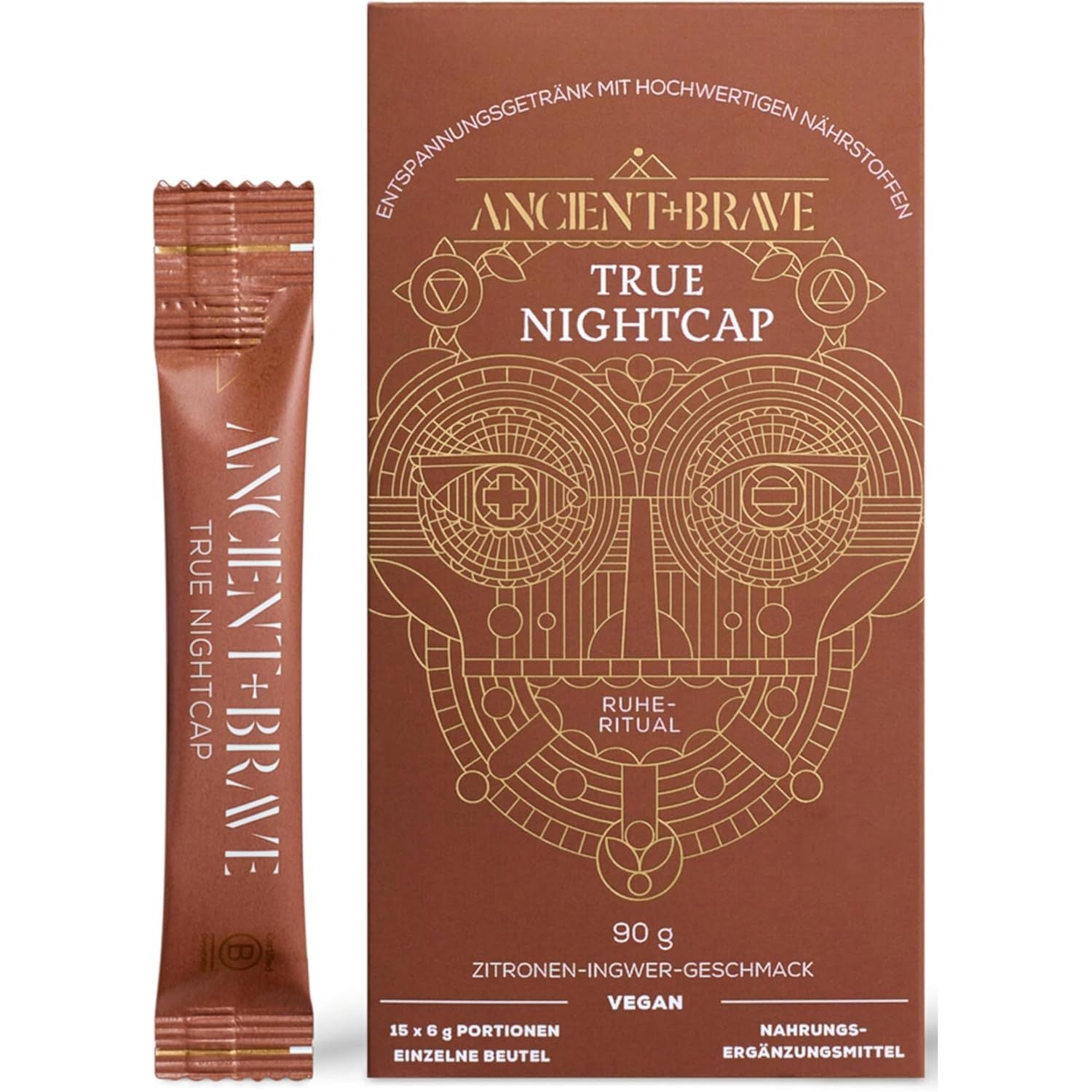 Ancient + Brave True Nightcap 15 X 6G Sachets - Sleep Supplement for Adults with Magnesium, Zinc, Vitamin C, Amino Acids - Natural Sleep Aid Powder - Recover Sleep, Lemon Ginger Flavor, Vegan