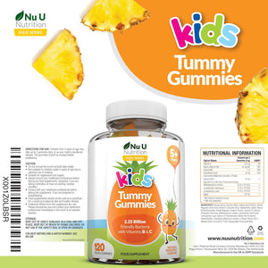 Kids Tummy Gummies - Friendly Probiotics for Children - 120 Vegan Vitamin Gummies - Pineapple Flavour - Lactobacillus and Bifidobacterium & Vitamin B3, B5, B6 & C for Gut Health - Nu U Nutrition