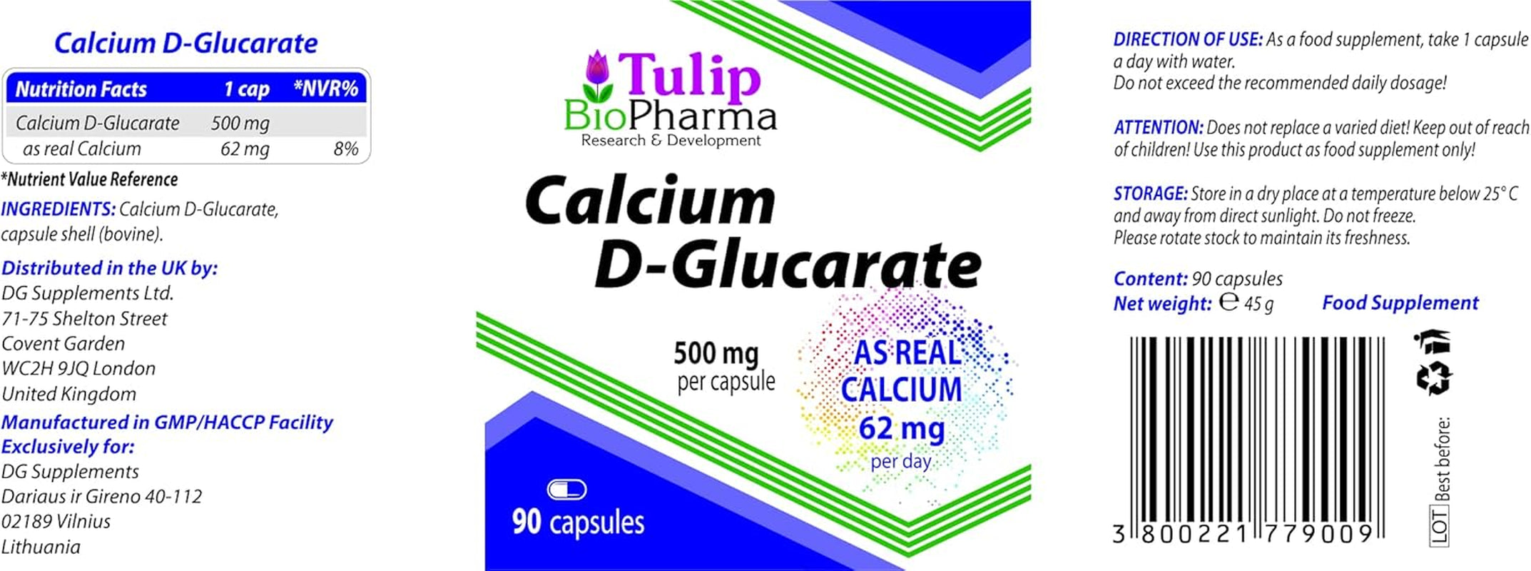Tulip Biopharma Calcium D-Glucarate 500Mg 90 Capsules, 3Rd Party Lab Tested, High Strength Supplement, No Fillers or Bulkers, Gluten and GMO Free