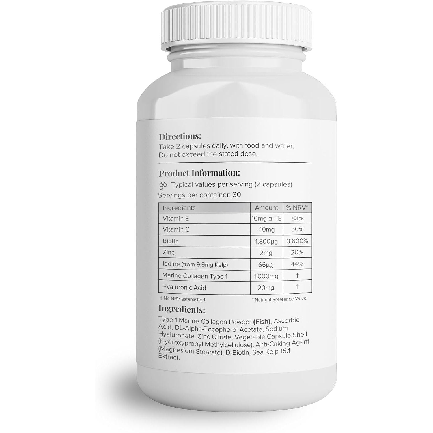 Hey Nutrition Collagen Complex Hyaluronic Acid & Sea Kelp Vitamin E, C, Biotin - Healthy Nails, Skin, Hair Joints Metabolism - Type 1 Marine Supplement - Non GMO, 60 Capsules