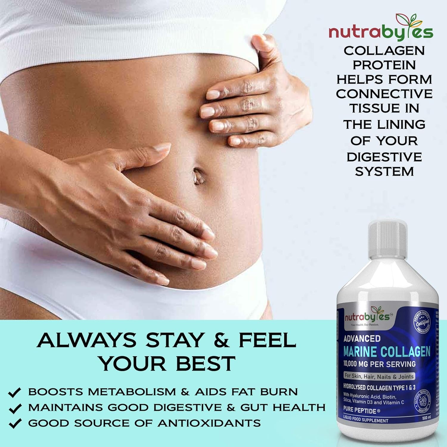 Marine Collagen Liquid 10000Mg | Sugar Free | Hydrolysed Collagen Peptides | Hyaluronic Acid, Biotin, Silica, Vitamin C, Vitamin D3 | Skin, Hair, Nails | Liquid Collagen Supplement for Women & Men