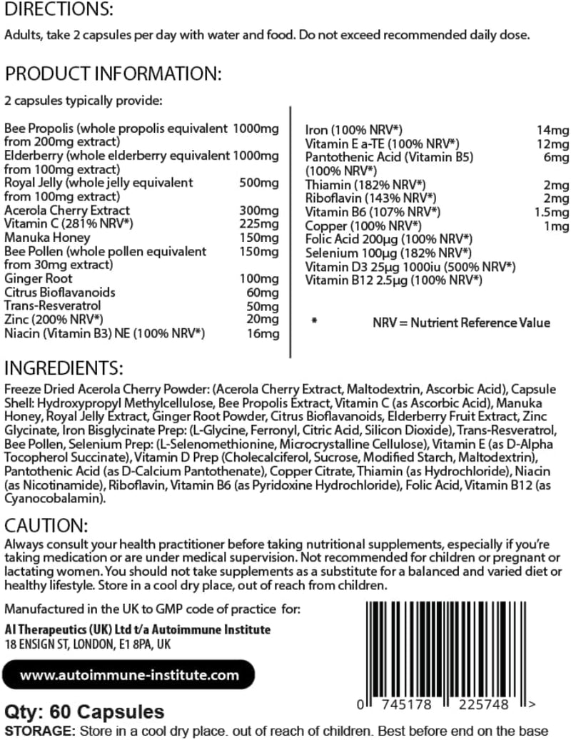 Pure Beecomplex – High Strength Bee Nutrient Complex with Royal Jelly, Propolis, Bee Pollen & Honey Powder – Natural Energy & Immune Support – 60 Capsules – Made in the UK