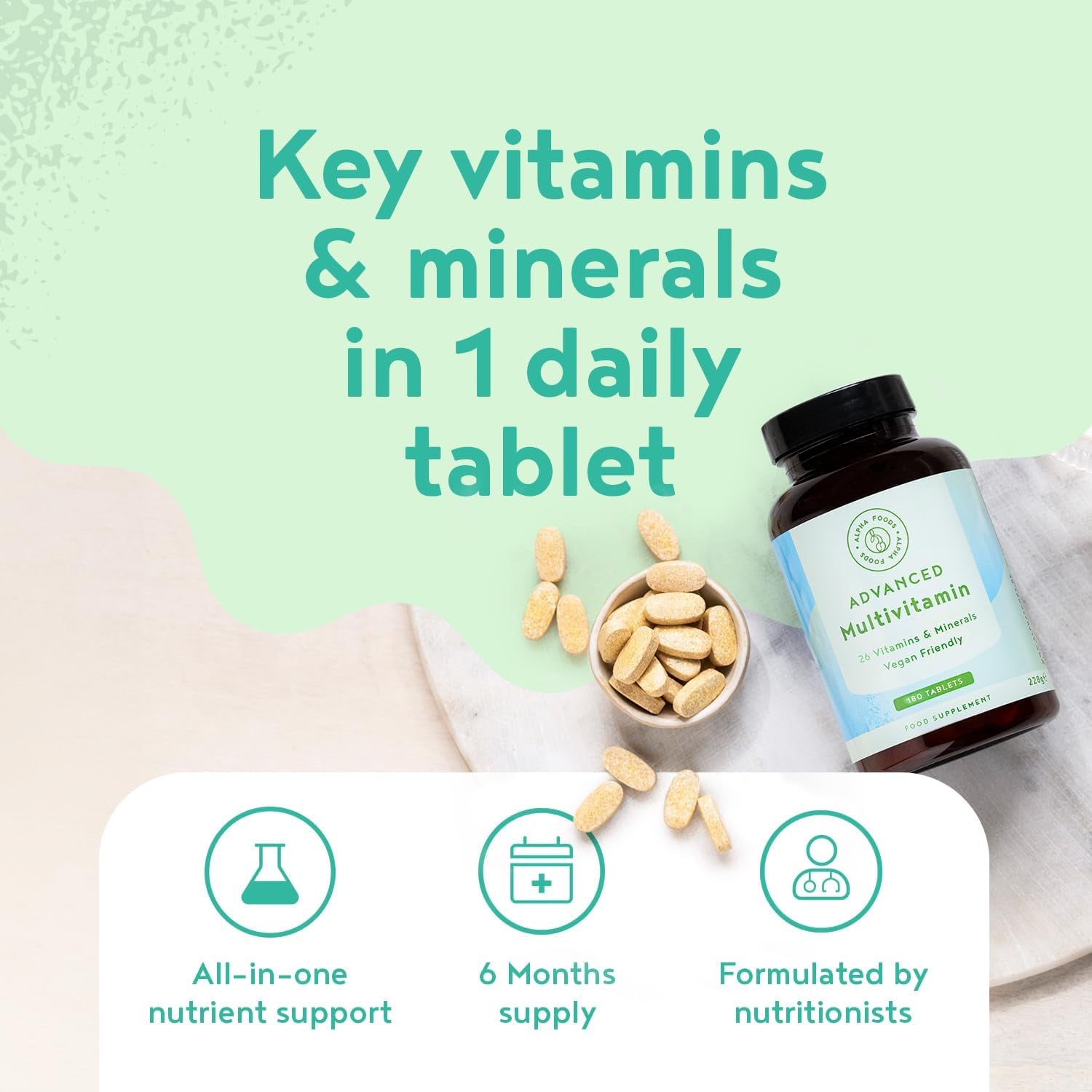 Multivitamins & Minerals - 180 Vegan Multivitamin Tablets for Men and Women - 26 Essential Active Vitamins & Minerals with Vitamin D, B12, VIT C, Magnesium and Zinc - Made in the UK - Alpha Foods