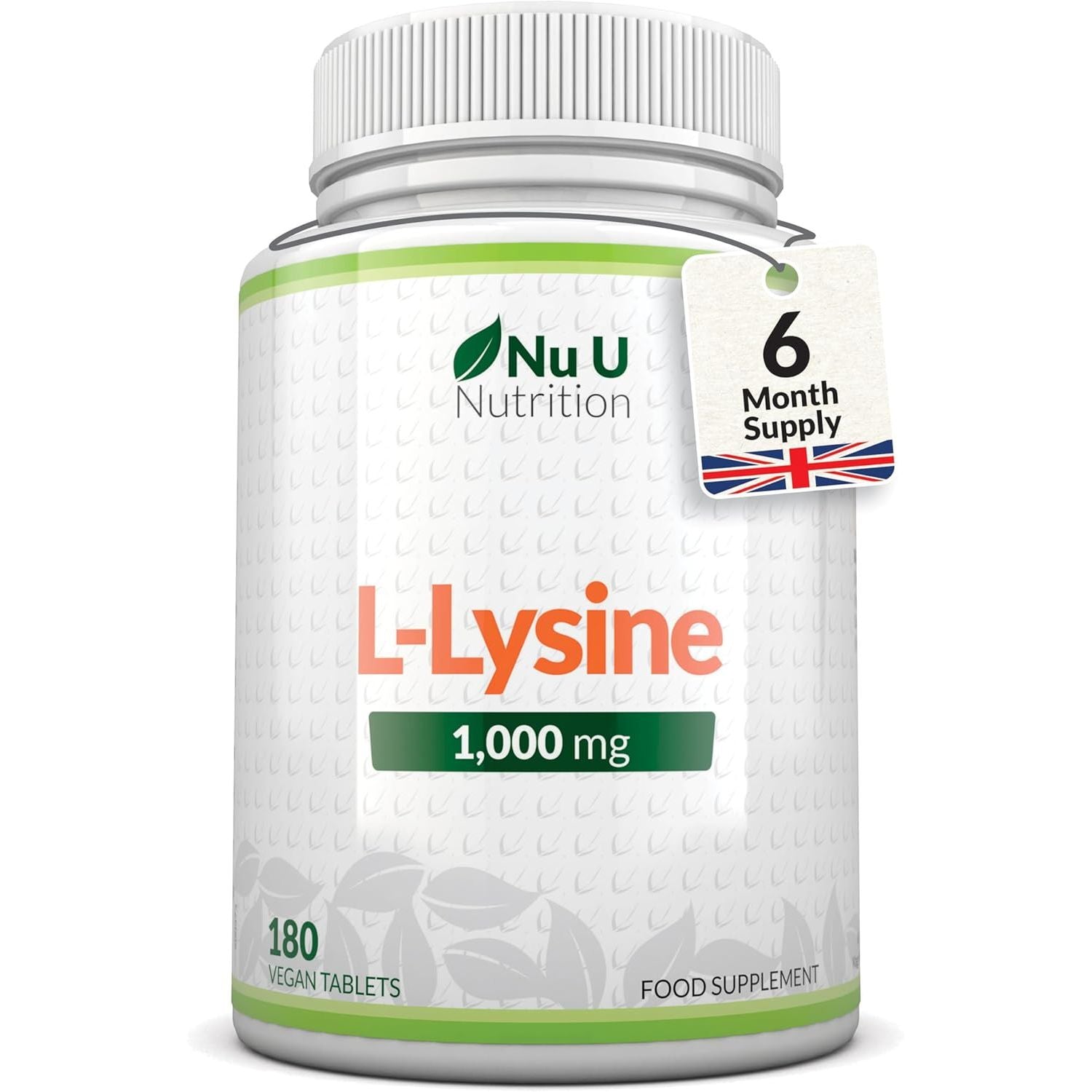 L-Lysine 1000Mg High Strength - 180 Vegan Tablets - 6 Month Supply - Gluten Free - Made in the UK - Nu U Nutrition