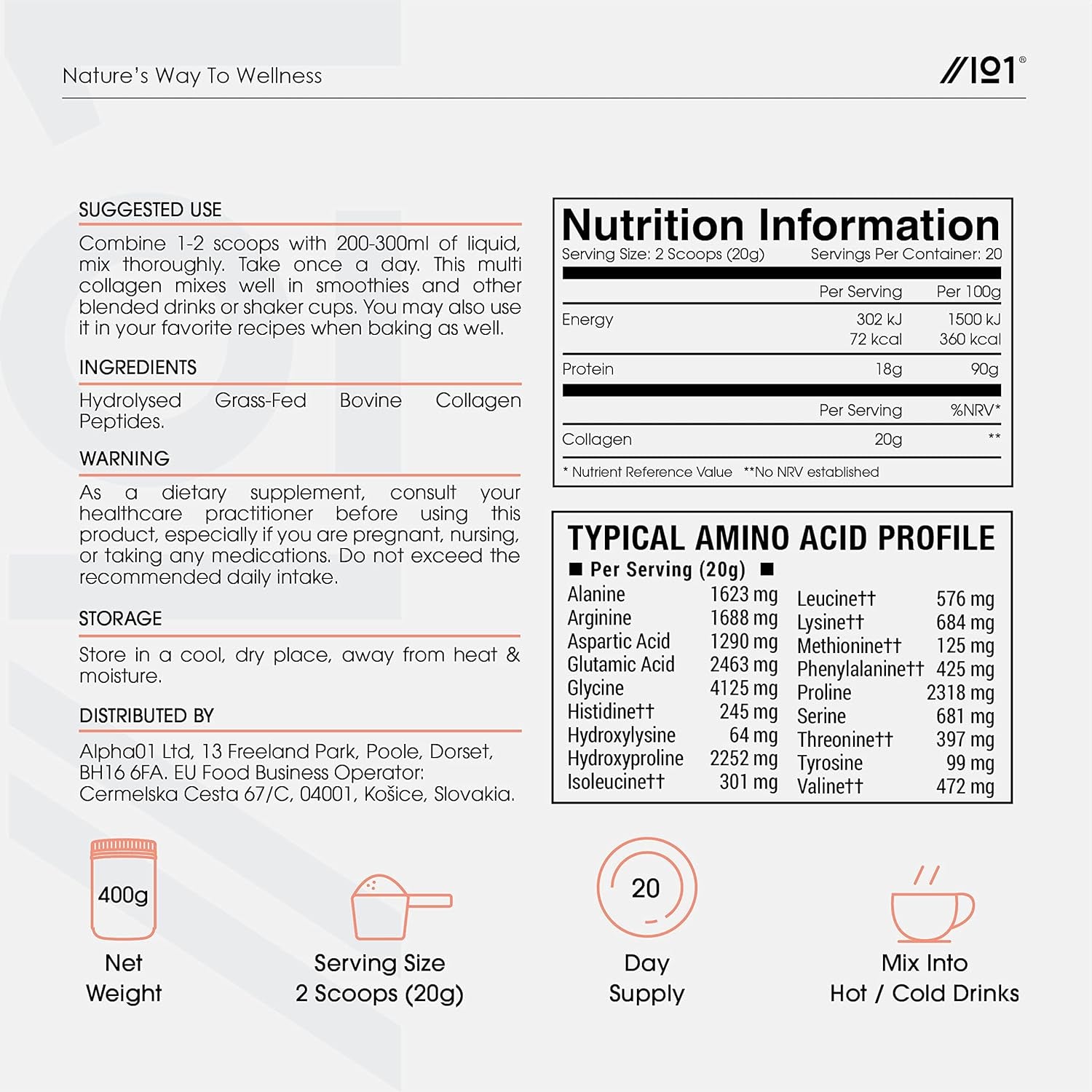 Grass Fed Collagen Protein Powder 400G - Type I & III Pasture Raised - Bovine Hydrolysed Collagen Peptides - Unflavoured – by Alpha01