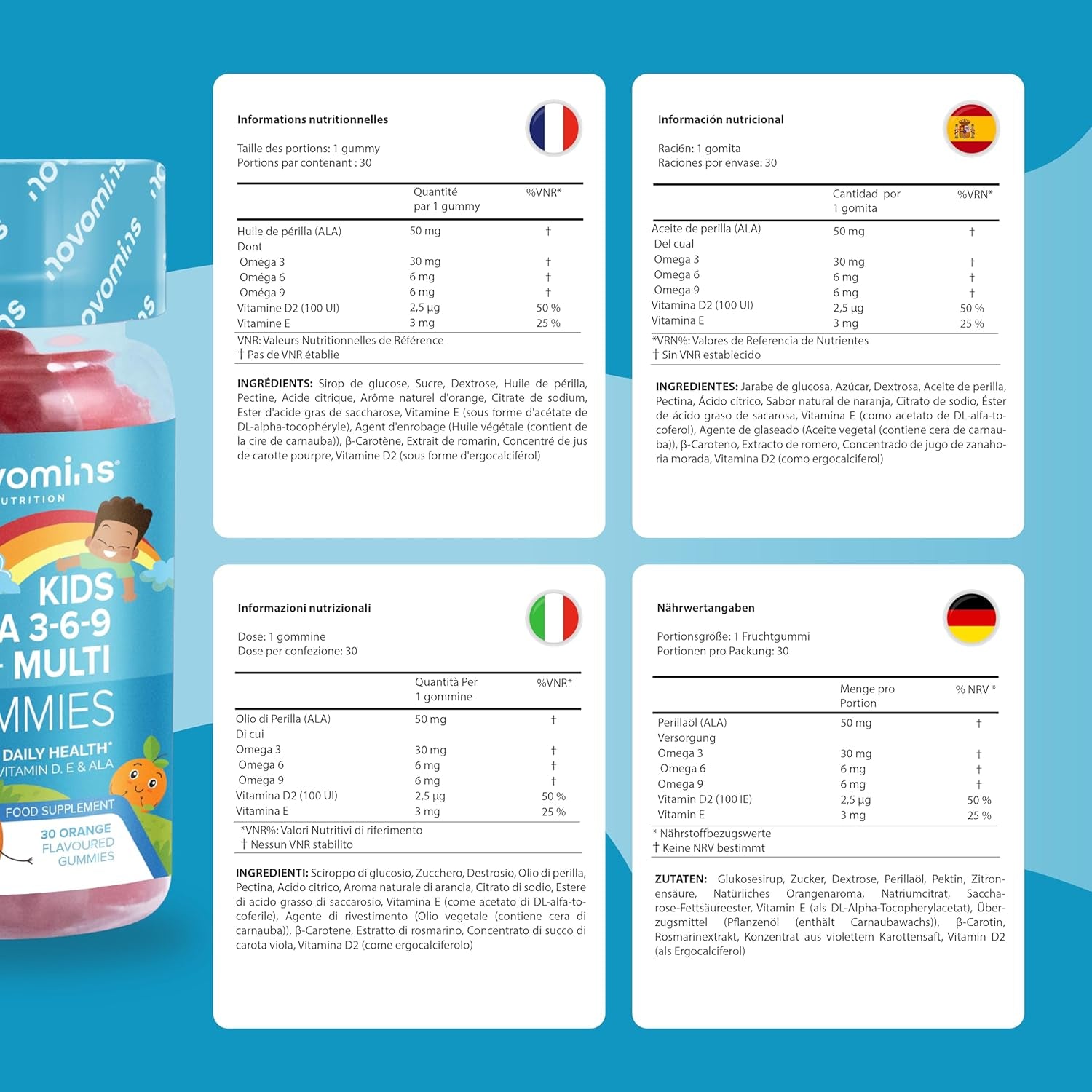 Kids Omega 3 Gummies - 50Mg ALA Including Omega 3 6 9 Complex with Added Vitamin E & D - Kids Friendly Capsules Alternative - Plant Based Alternative to Omega 3 Fish Oil - 1 Month Supply – Novomins