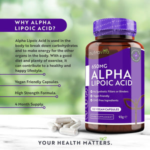 Alpha Lipoic Acid 650Mg – 120 High Strength ALA Vegan Friendly Capsules – 4 Month Supply – Alpha-Lipoic Acid – No Synthetic Binders or Fillers – Made in the UK by Nutravita