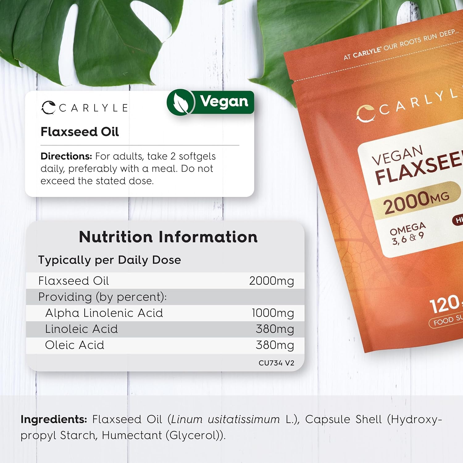 Flaxseed Oil Capsules 2000Mg | 120 Vegan Softgels | High Strength Supplement with Omega 3 6 & 9 | Cold Pressed | by Carlyle