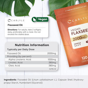 Flaxseed Oil Capsules 2000Mg | 120 Vegan Softgels | High Strength Supplement with Omega 3 6 & 9 | Cold Pressed | by Carlyle