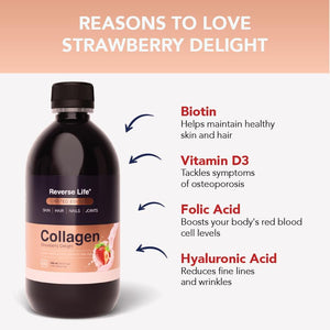 Reverse Life - Bovine Collagen Supplements - Nails, Skin, Hair Supplements for Women and Men - Hair Care Contains Biotin, Vitamin D3, Folic Acid, Hyaluronic Acid - Strawberry Delight Flavour - 500Ml
