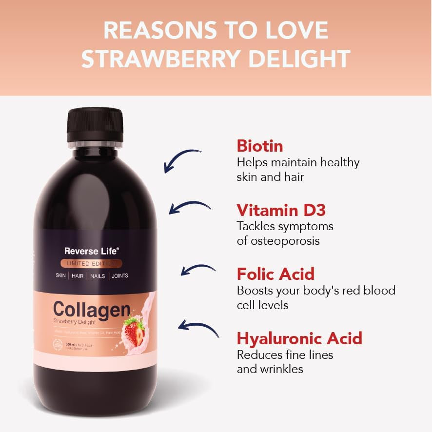 Reverse Life - Bovine Collagen Supplements - Nails, Skin, Hair Supplements for Women and Men - Hair Care Contains Biotin, Vitamin D3, Folic Acid, Hyaluronic Acid - Strawberry Delight Flavour - 500Ml
