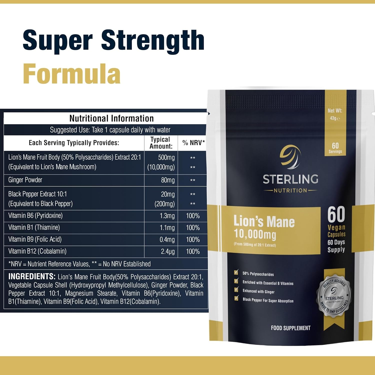 Extra Strength Lion'S Mane - Vegan Capsules for Adults, Pack of 60 Supplements (2 Months) | High Strength 10000Mg, B Vitamins, Black Pepper & Ginger to Support Brain Health | STERLING NUTRITION