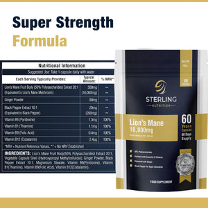 Extra Strength Lion'S Mane - Vegan Capsules for Adults, Pack of 60 Supplements (2 Months) | High Strength 10000Mg, B Vitamins, Black Pepper & Ginger to Support Brain Health | STERLING NUTRITION