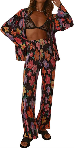 HYMCX Women 2 Piece Pleated Pants Set Floral Print Button down Long Sleeve Shirt Blouses Tops Wide Leg Pants Streetwear