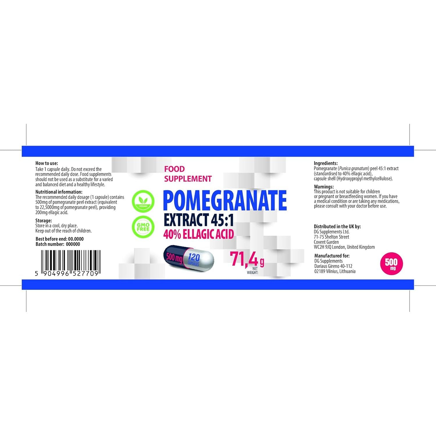 Hepatica Pomegranate Extract 22,500Mg Equivalent (500Mg of 45:1 Extract) 120 Vegan Capsules, 40% Ellagic Acid, 3Rd Party Lab Tested, High Strength Supplement