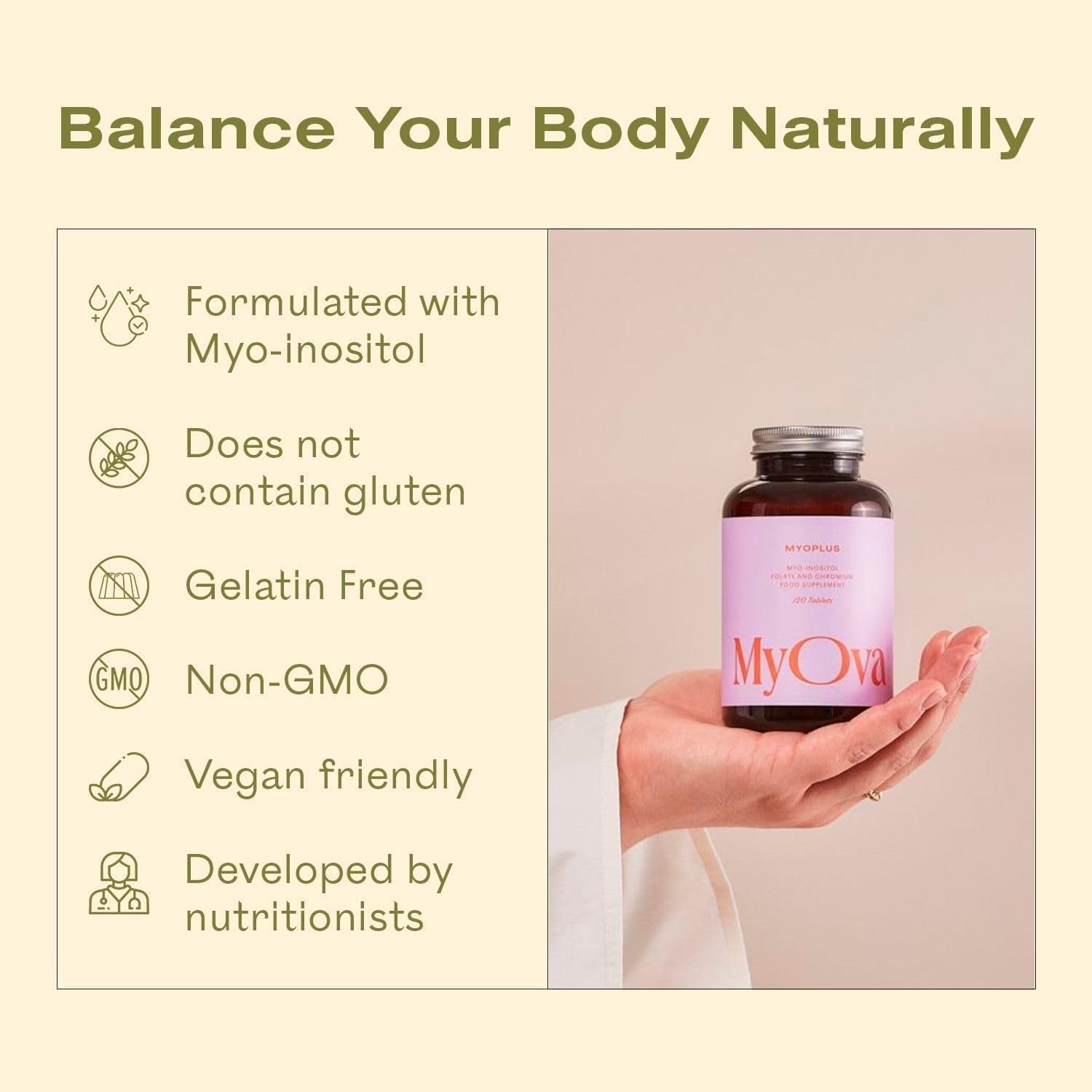 Myoplus - Myo-Inositol PCOS Supplement - 4000Mg Myo-Inositol, 200Ug Folate & 100Ug Chromium Daily Intake - Inositol Tablets - 120 Vegan Tablets - UK Manufactured by Myova