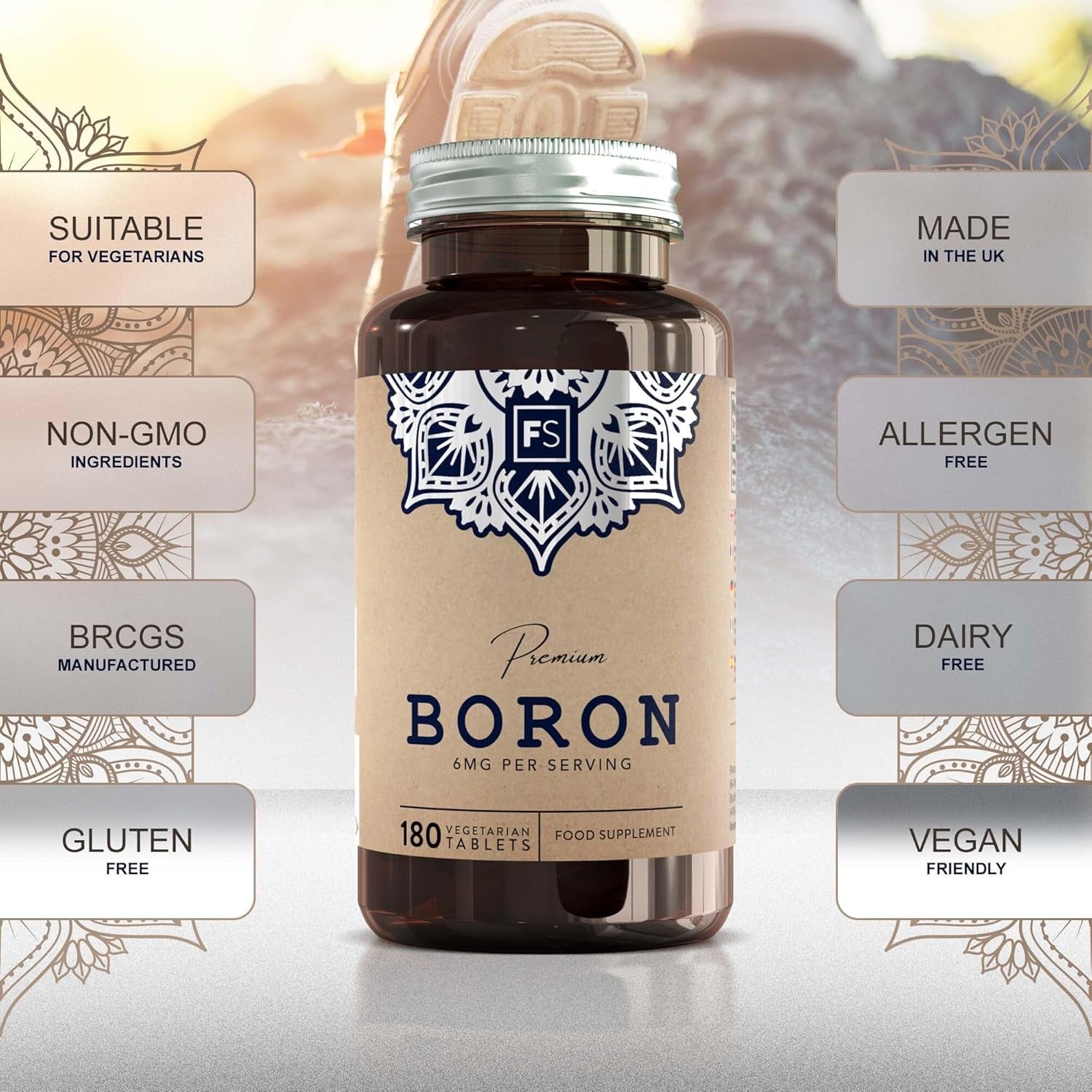 FS Boron Supplements | 180 Boron Tablets - High Strength Vegan 6Mg BOR per Serving | 3 Months Supply | Non-Gmo, Gluten & Allergen Free | Manufactured in the UK
