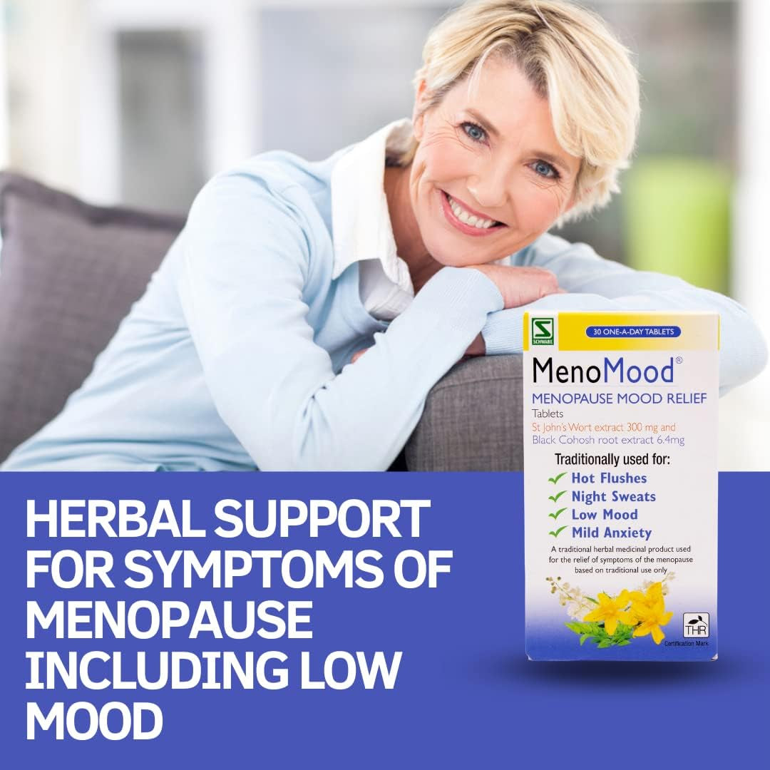 Schwabe Pharma - Menomood - Menopause Mood Relief - St. John'S Wort and Black Cohosh Extract - Traditionally Used for Hot Flushes, Night Sweats, Low Mood, Mild Anxiety - 30 Tablets