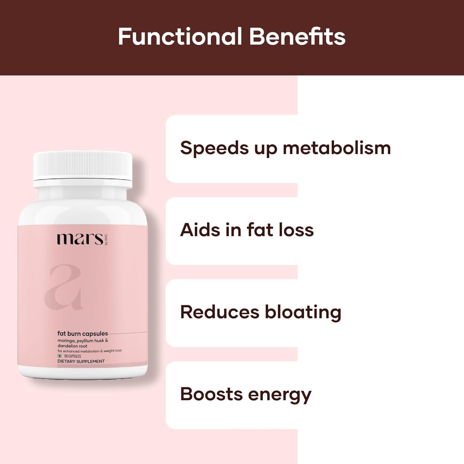 Mars by GHC Fat Burn Capsules – with Psyllium Husk, Moringa & Dandelion Root – Food Supplement (Pack of 1) - 60 Capsules