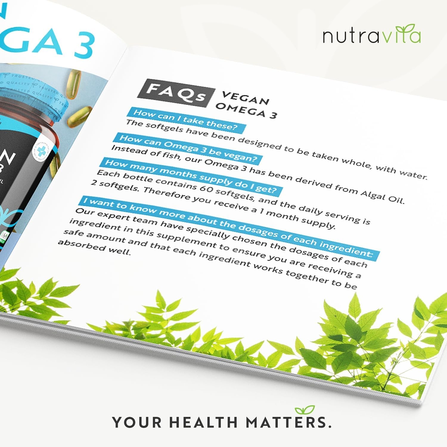 Vegan High Strength Omega 3 2000Mg Soft Gels - 600Mg DHA & 300Mg EPA per Serving - Plant-Based Omega 3 Softgels Derived from Sustainable Algal Oil - 60 Vegan Softgels - Made in the UK by Nutravita