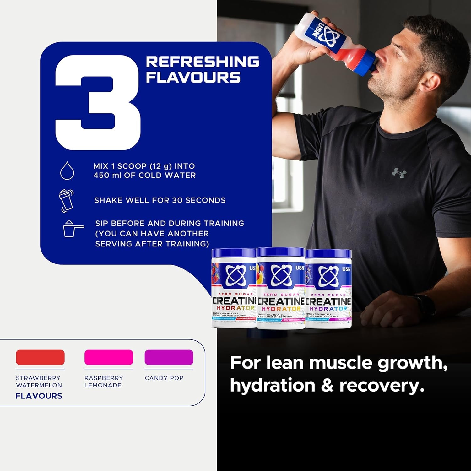 USN Creatine Hydrator - Creatine Monohydrate & Electrolyte Powder Drink with Himalayan Pink Salt & Sugar Free. Supports Muscle Growth, Strength & Hydration. Raspberry Lemonade - 330G (30 Servings)