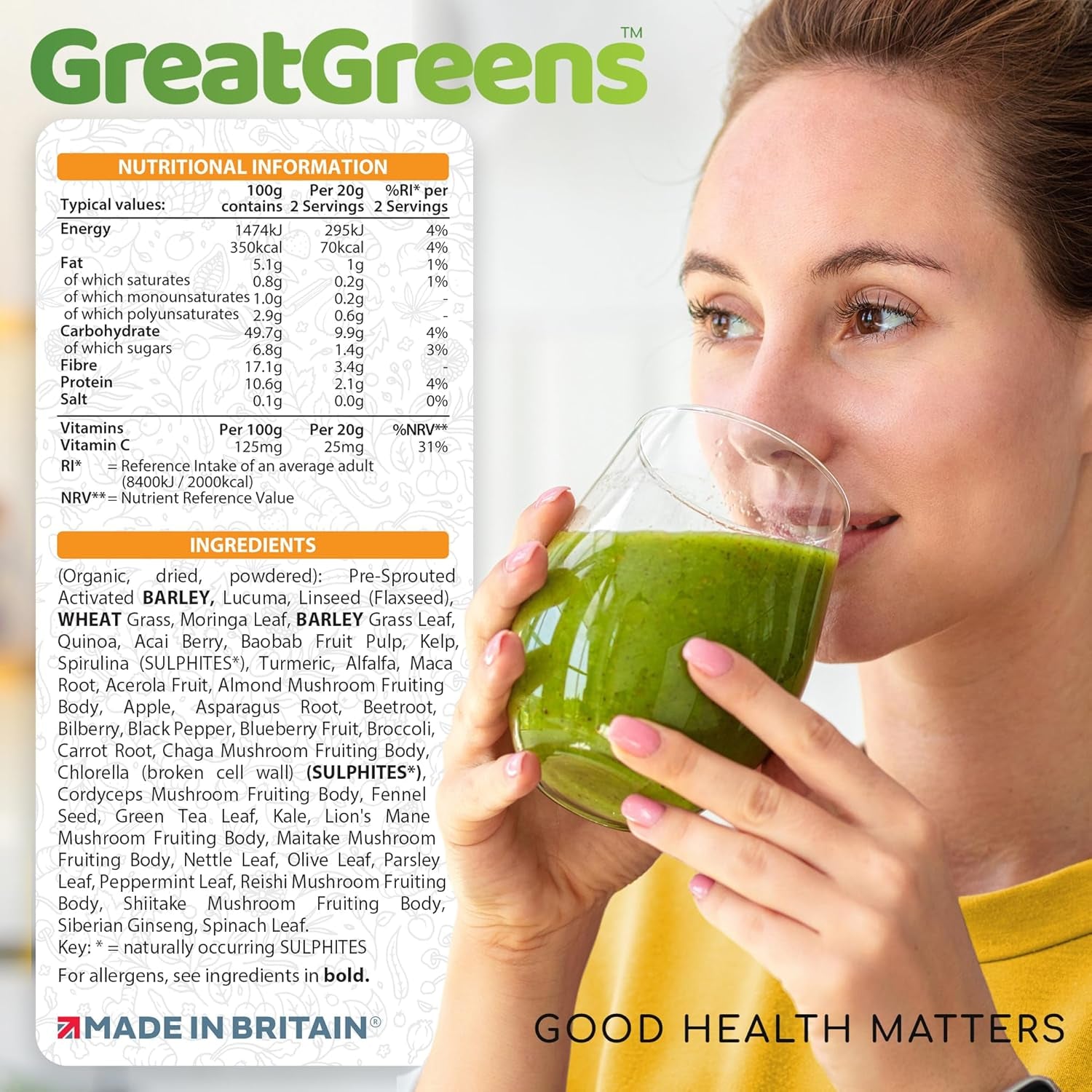 Greatgreens - Organic Greens Powder - Large 300G Blend 40 Raw Superfoods - Greens, Vegetables, Super Fruits, Berries, Sprouts and Mushrooms - High Fibre Vegan Daily Juice Smoothie Drink - 30 Servings