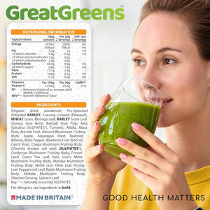 Greatgreens - Organic Greens Powder - Large 300G Blend 40 Raw Superfoods - Greens, Vegetables, Super Fruits, Berries, Sprouts and Mushrooms - High Fibre Vegan Daily Juice Smoothie Drink - 30 Servings