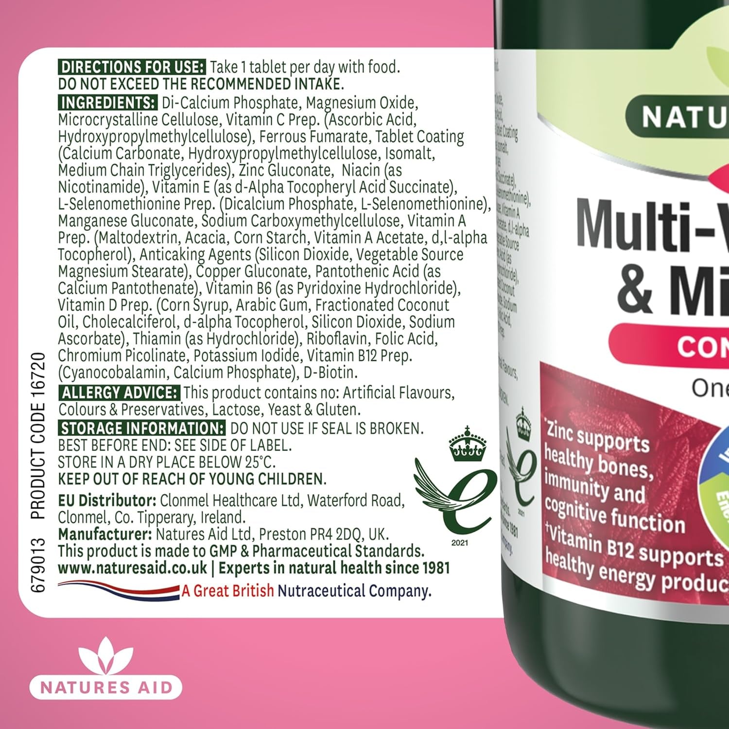 Natures Aid Multivitamins & Minerals – One-A-Day High Potency Daily Multi-Vitamin Supplement Inc. B12 & Zinc – Supports Energy, Bones, Immunity, Hair, Nails – Vegan, Non-Gmo, Gluten-Free – 90 Tablets