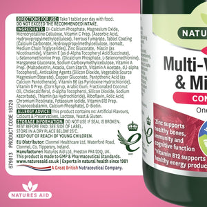Natures Aid Multivitamins & Minerals – One-A-Day High Potency Daily Multi-Vitamin Supplement Inc. B12 & Zinc – Supports Energy, Bones, Immunity, Hair, Nails – Vegan, Non-Gmo, Gluten-Free – 90 Tablets