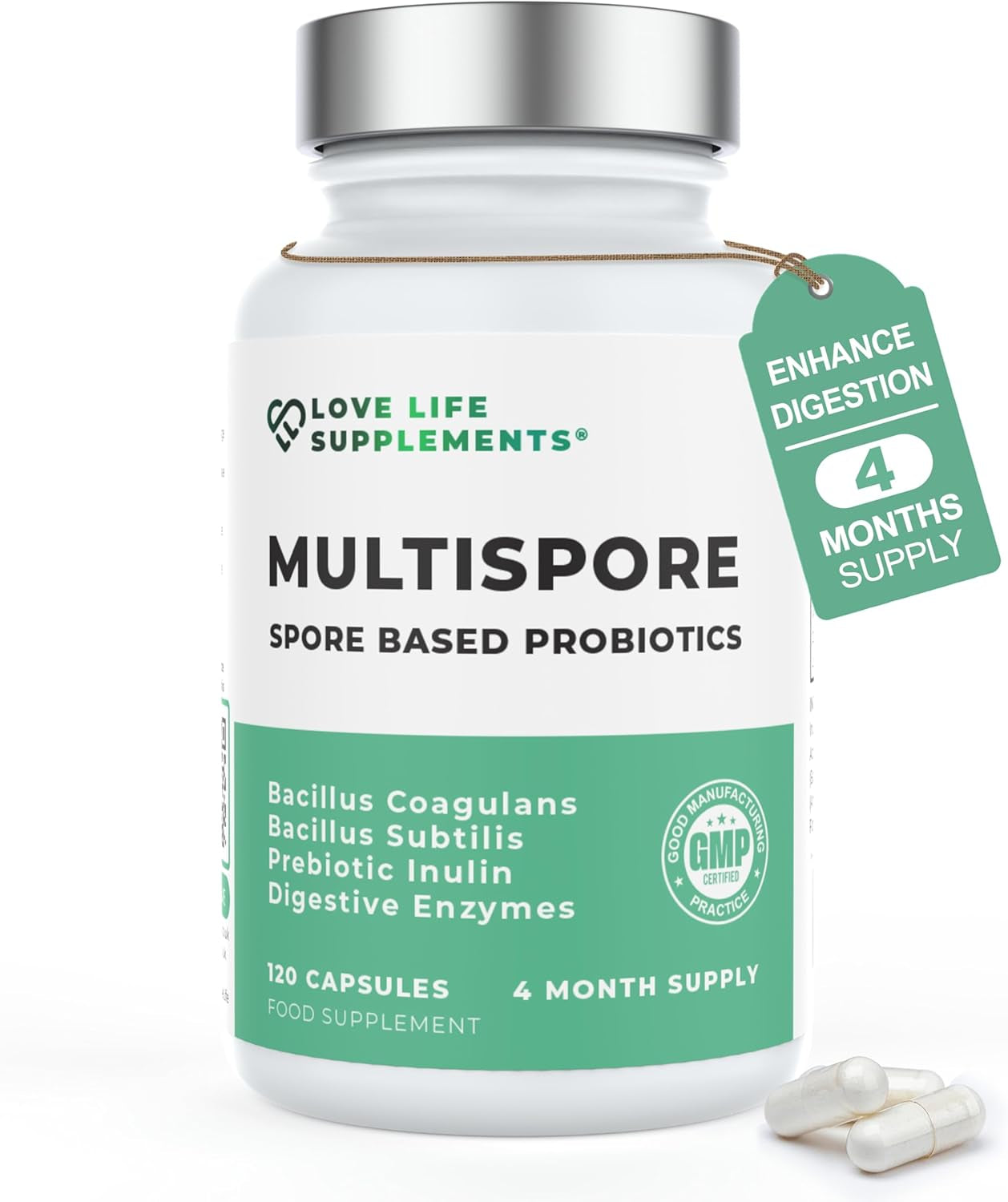 Multispore® plus Probiotics, 4 Month Supply - 120 Capsules, Bacillus Coagulans & Bacillus Subtilis Spore Based Probiotic, Bloating Relief/Gut Health, with Digestive Enzymes & Prebiotic Inulin, UK Made