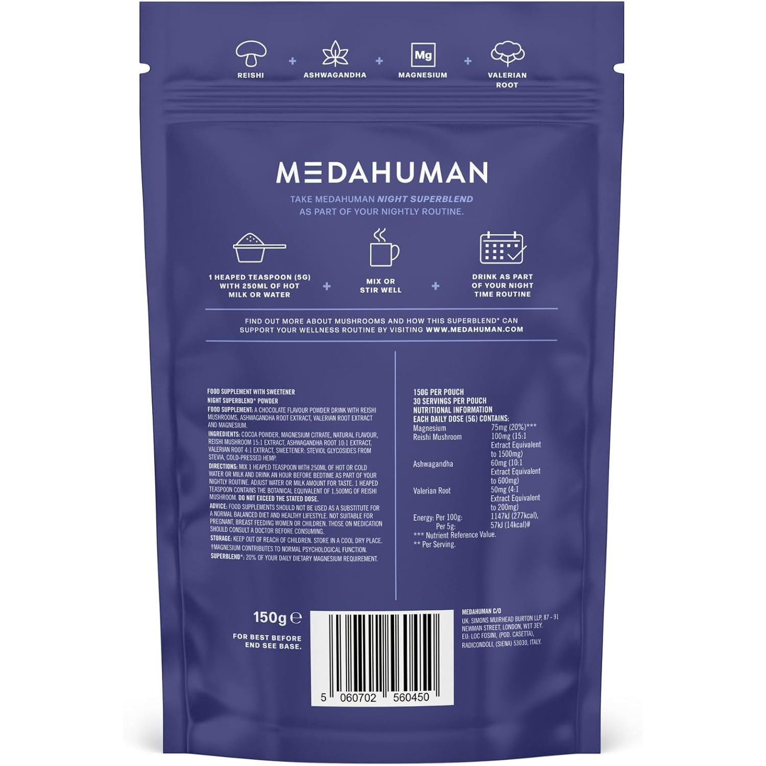 MEDAHUMAN® Night | Reishi Mushroom Powder (30 Servings) | Adaptogen Superblend Mushroom Supplement with Ashwagandha Powder, Valerian Root and Magnesium for a More Relaxed Sleep | Chocolate Flavour