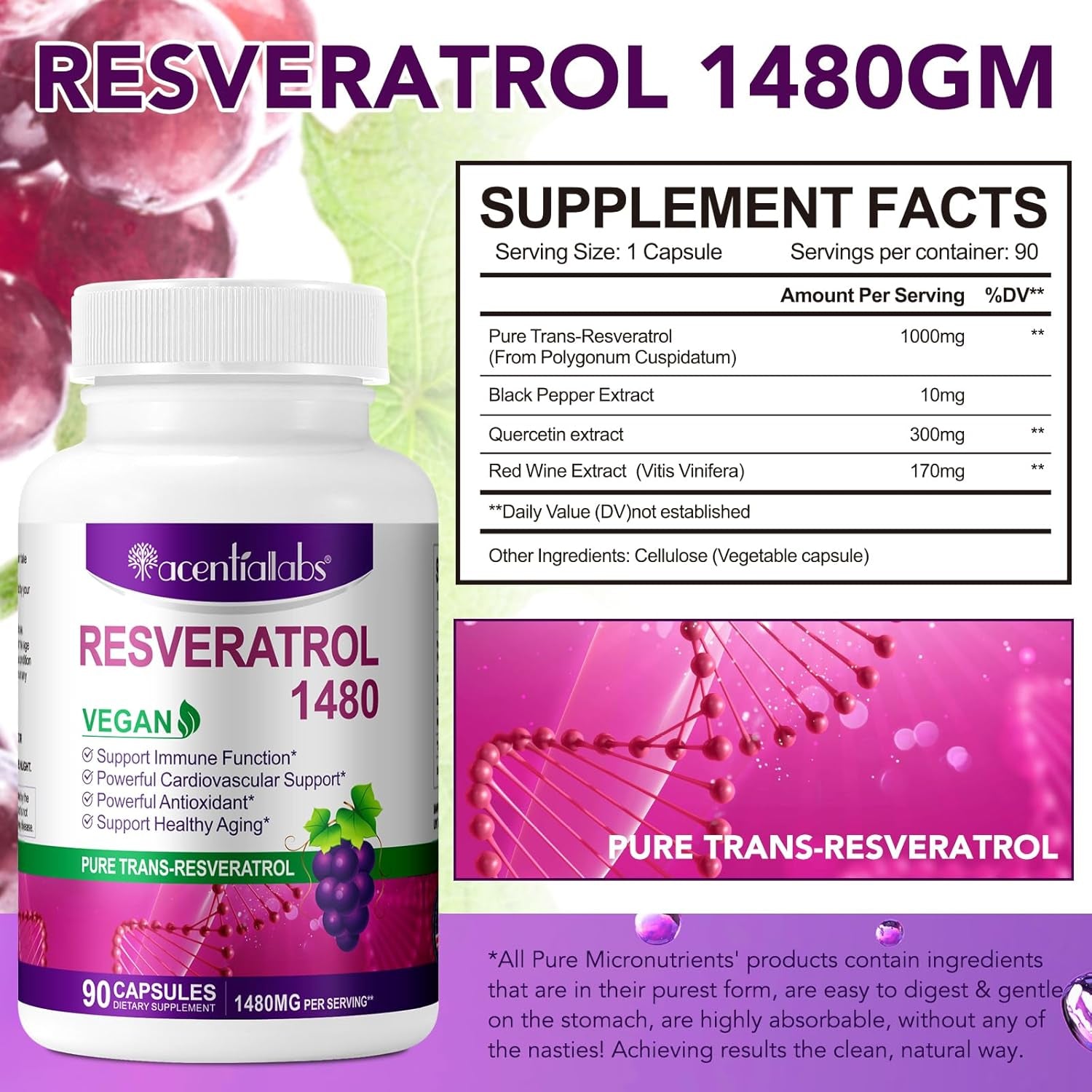 Resveratrol Supplement 1480Mg, 90 Capsules High-Potency Trans-Resveratrol Supplement for Heart, Skin, and Anti-Aging Antioxidant