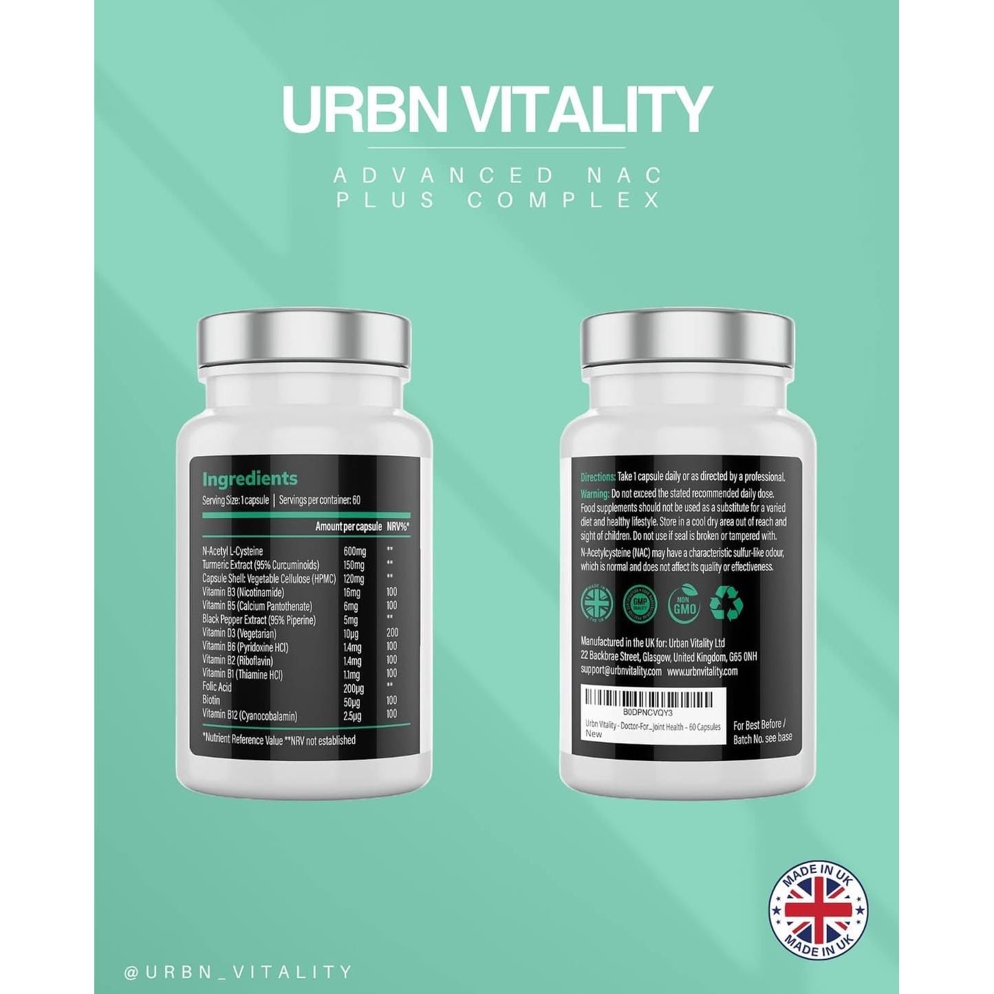 Urbn Vitality NAC + Turmeric Complex | Vitamin D3, B12 & Folate | 12-In-1 Supplement with Piperine | Energy, Recovery & Immune Support | 60 Vegetarian Capsules