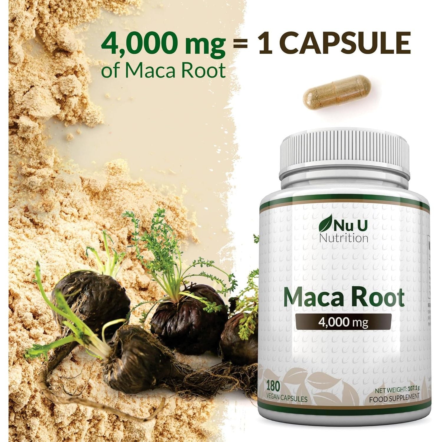 Maca Root Capsules 4000Mg - 180 Vegan Capsules - 6 Month Supply - High Strength Peruvian Maca Root for Men & Women - Made in the UK - Nu U Nutrition