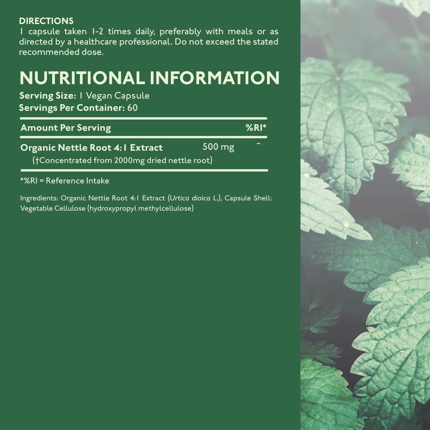 Organic Stinging Nettle Root Extract 2000Mg | High Strength 4:1 Extract Stinging Nettle Supplement | 60 Vegan Capsules | Made in the UK | Sustainably Packaged & Produced