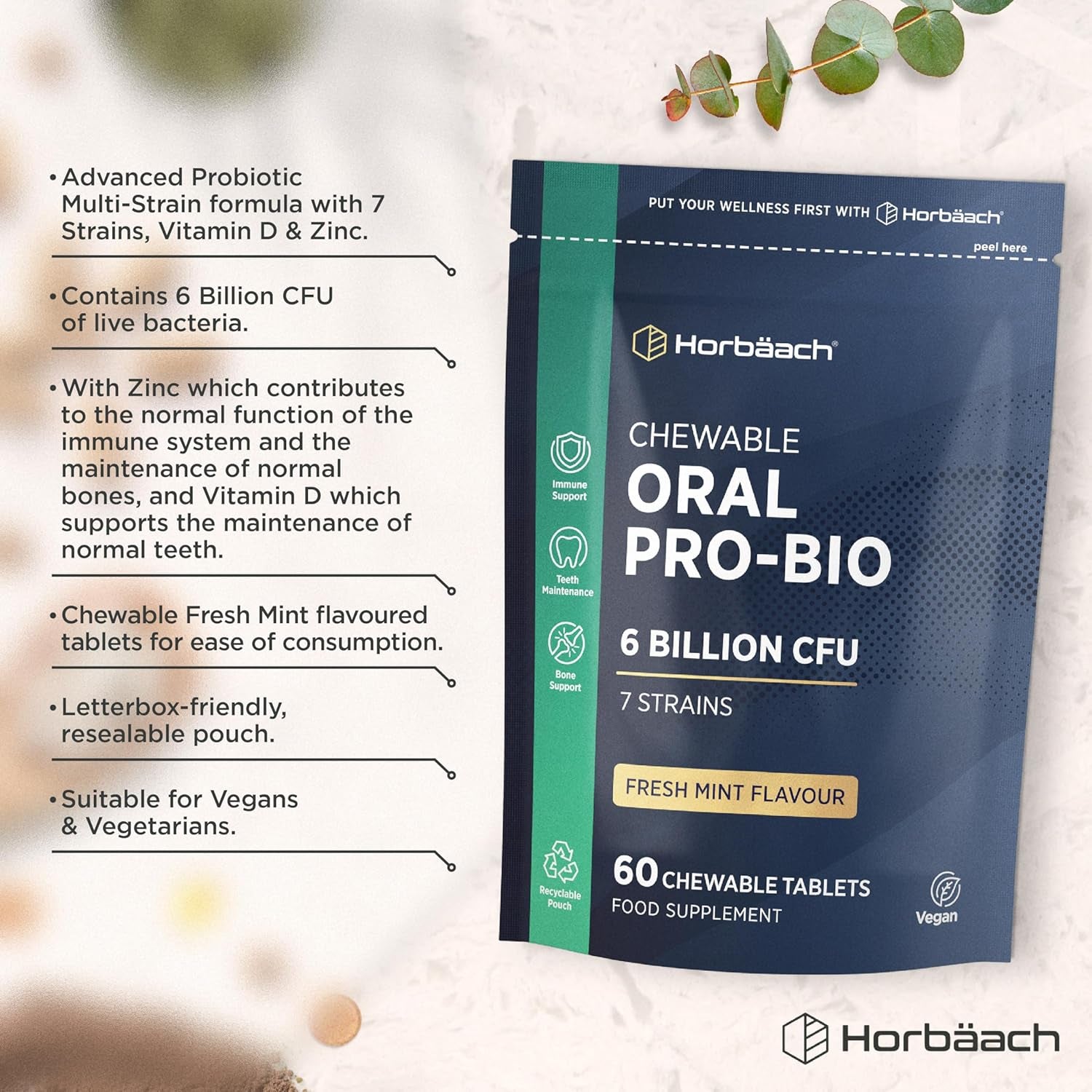 Oral Probio for Mouth 6 Billion CFU | Advanced Dental Biotics for Adults | 7 Strains Including Lactobacillus Reuteri | 60 Vegan Chewable Tablets | Mint Flavour | by Horbaach