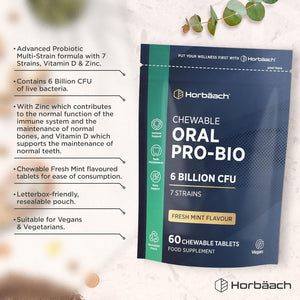 Oral Probio for Mouth 6 Billion CFU | Advanced Dental Biotics for Adults | 7 Strains Including Lactobacillus Reuteri | 60 Vegan Chewable Tablets | Mint Flavour | by Horbaach