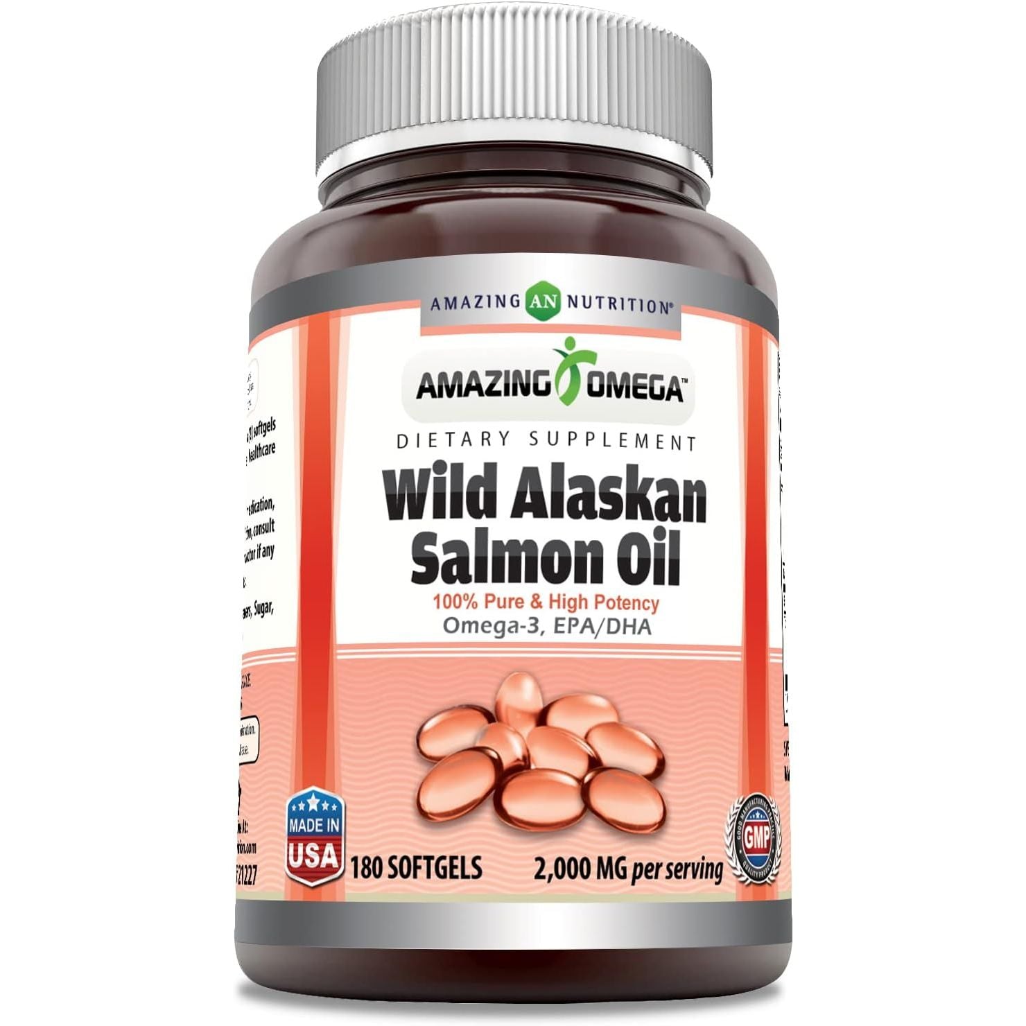 Amazing Omega Wild Alaskan Salmon Oil - 2000 Mg of Salmon Oil per Serving, 180 Softgels (Non-Gmo) - Supports Heart, Joint & Brain Health and Promotes Healthy Inflammatory Response (180 Softgels)
