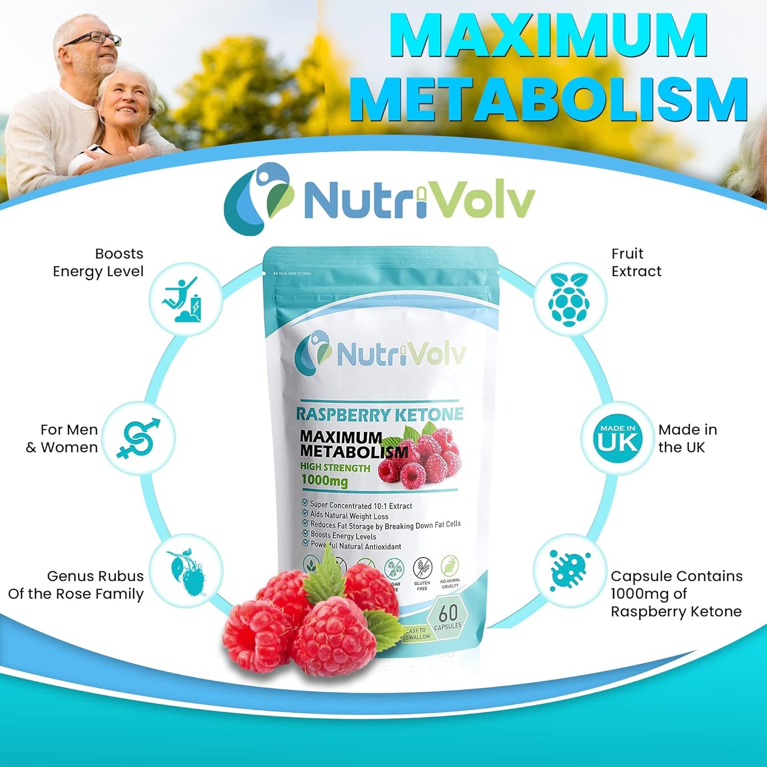 Nutrivolv Raspberry Ketones 1000Mg per Serving | Natural Weight Loss Supplement | Boosts Metabolism & Energy | Fat Burner & Appetite Suppressant | 60 Vegan Capsules