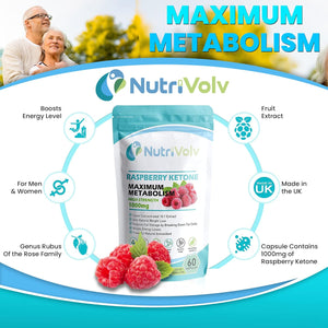 Nutrivolv Raspberry Ketones 1000Mg per Serving | Natural Weight Loss Supplement | Boosts Metabolism & Energy | Fat Burner & Appetite Suppressant | 60 Vegan Capsules