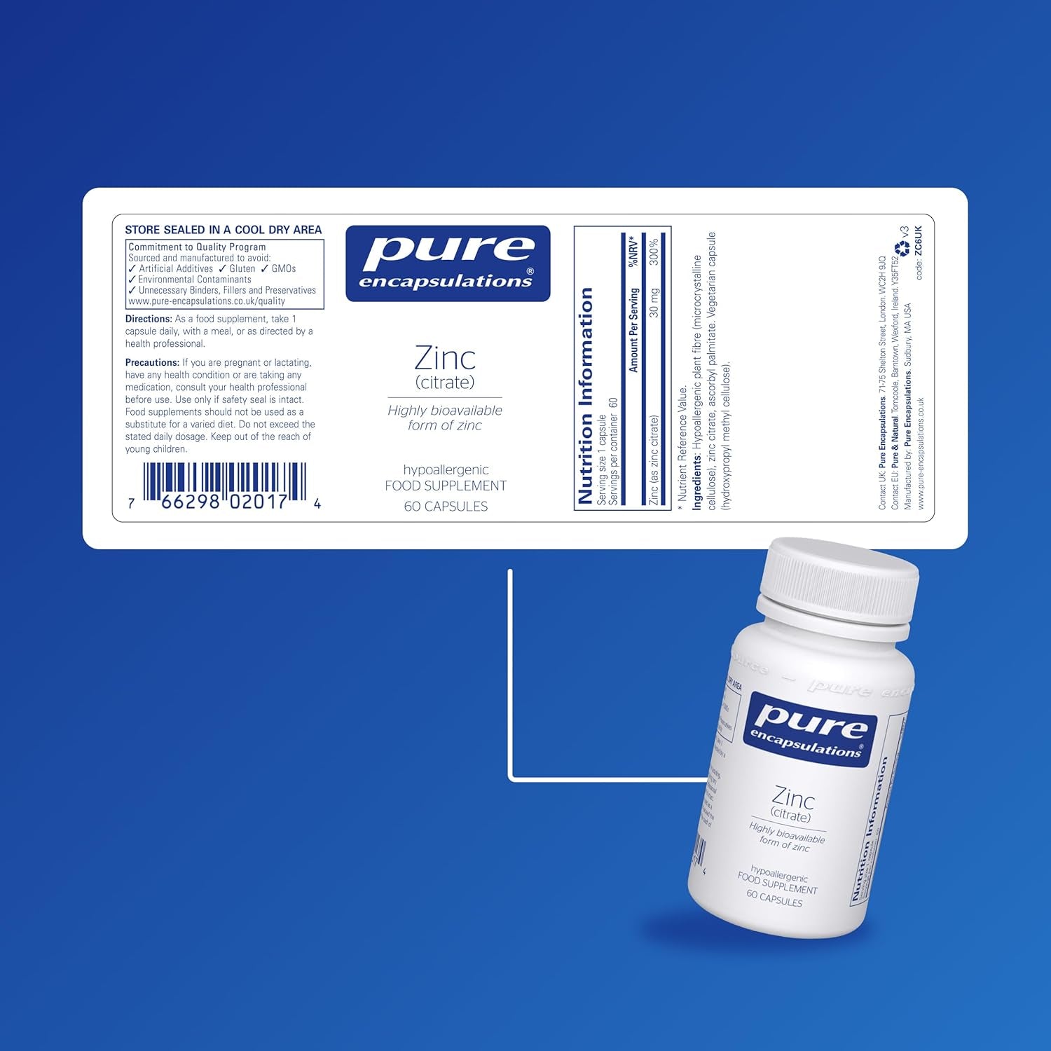 Pure Encapsulations Zinc (Citrate) 30Mg - Highly Bioavailable Zinc Supplement - for Immune and Metabolism Support - for Hair, Skin & Nails - 60 Vegetarian Capsules