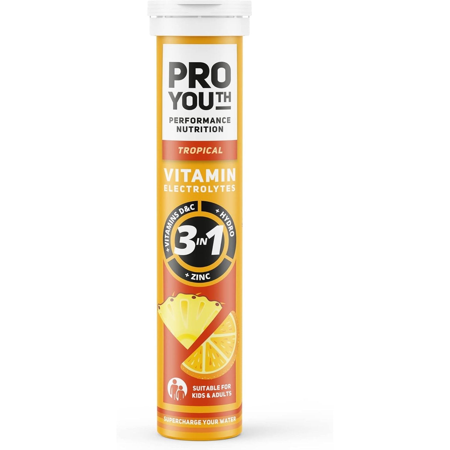 Proyouth Electrolytes Tablets with Vitamins for Kids and Adults - Hydration & Rehydration Tablets with Electrolytes, Vitamins and Minerals - No Caffeine, No Sugar | 20 Tablets Tropical | Pack of 1