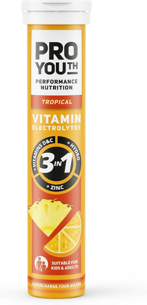 Proyouth Electrolytes Tablets with Vitamins for Kids and Adults - Hydration & Rehydration Tablets with Electrolytes, Vitamins and Minerals - No Caffeine, No Sugar | 20 Tablets Tropical | Pack of 1